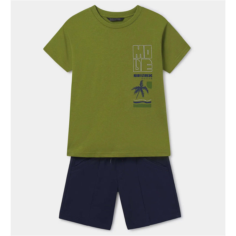 Conjunto Juvenil Playera + Short Mod. 6677 Marca Mayoral® Azul Marino/ Verde Musgo Estampado 16