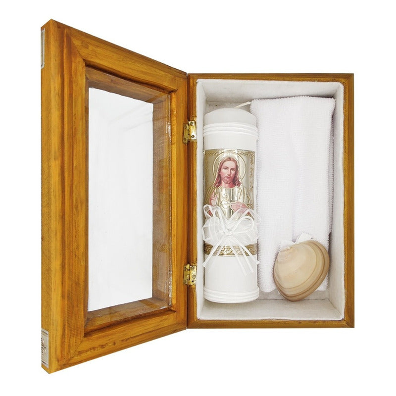 Set Para Bautizo Vela+concha+toalla+caja De Madera