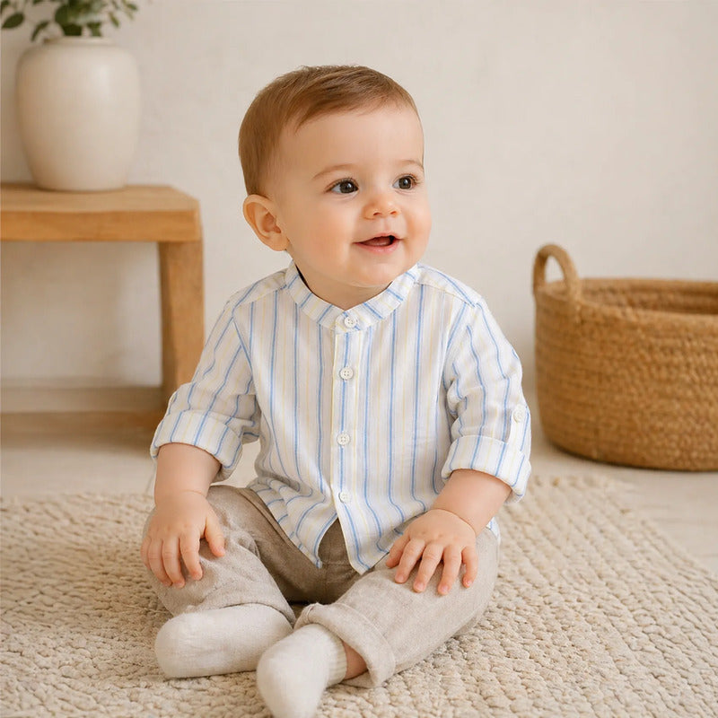 Camisa De Lino Casual Para Bebe Mod.1117 Marca Mayoral® Blanco/ Multicolor Rayas 18 Meses