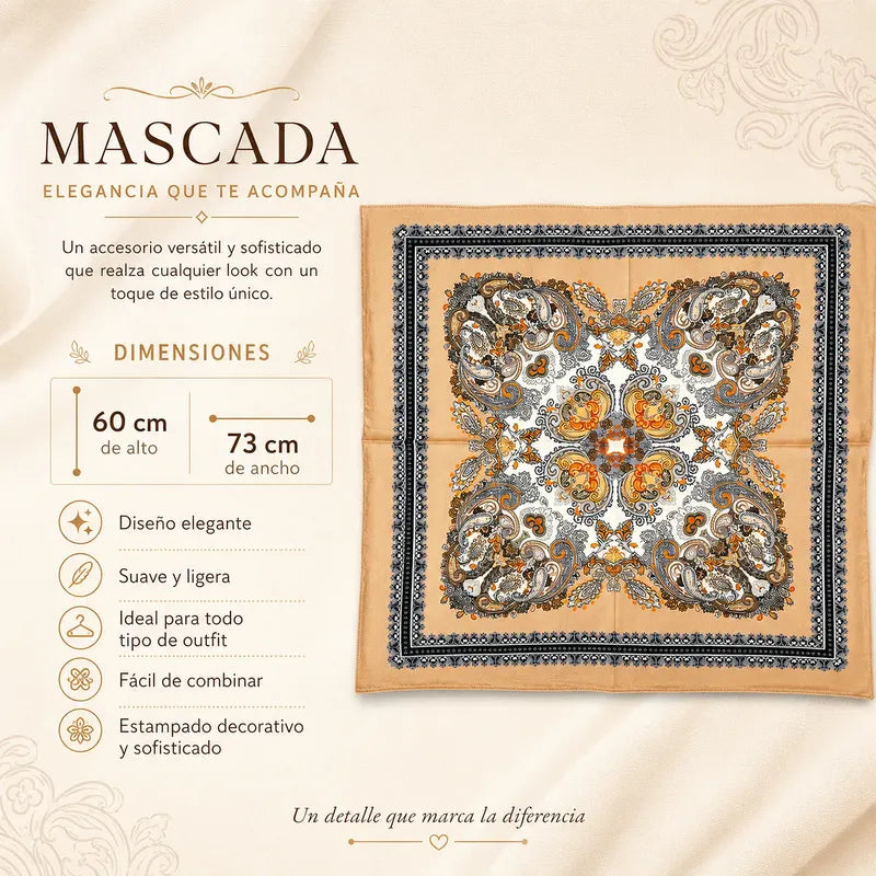 Mascada Ejecutiva De Satín Cuadrada Fina Para Mujer Multicolor Mandala Arena Unitalla