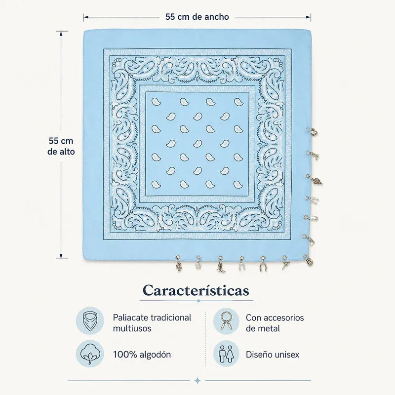 Paliacate Tradicional Multiusos Accesorio Unisex 55x55cm Celeste Geométrico Unitalla