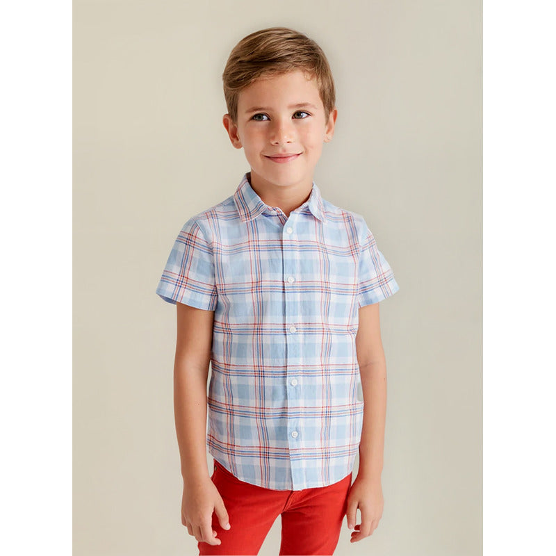 Camisa De Lino Para Niño Mod.3115 Marca Mayoral® Azul Claro Geométrico 9 Años