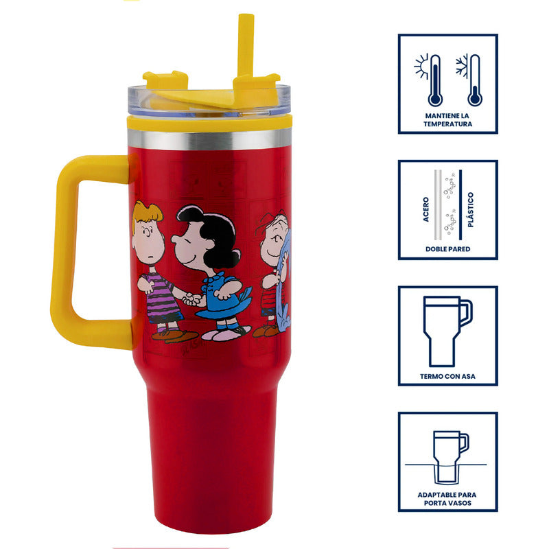 Termo Doble Pared Con Asa Y Popote 1.2 L Diseños Animados