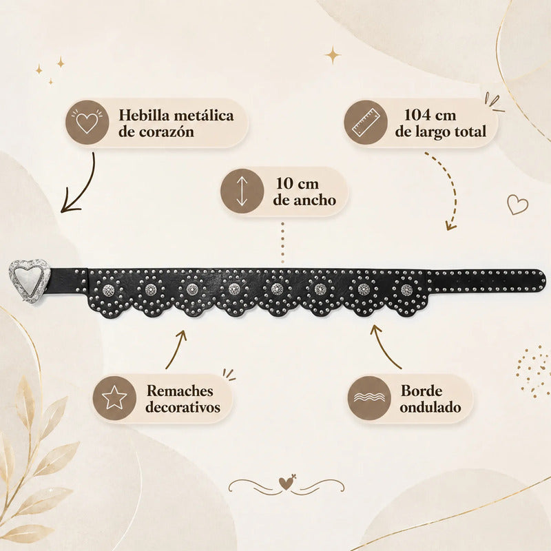 Cinturón Vaquero Para Mujer Hebilla Corazón Con Estoperoles Negro Geométrico 104 Cm
