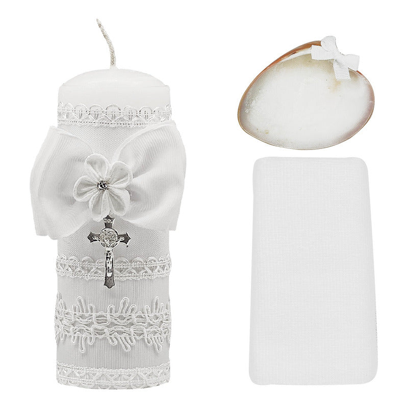 Set Para Bautizo Vela+concha+toalla+caja De Madera