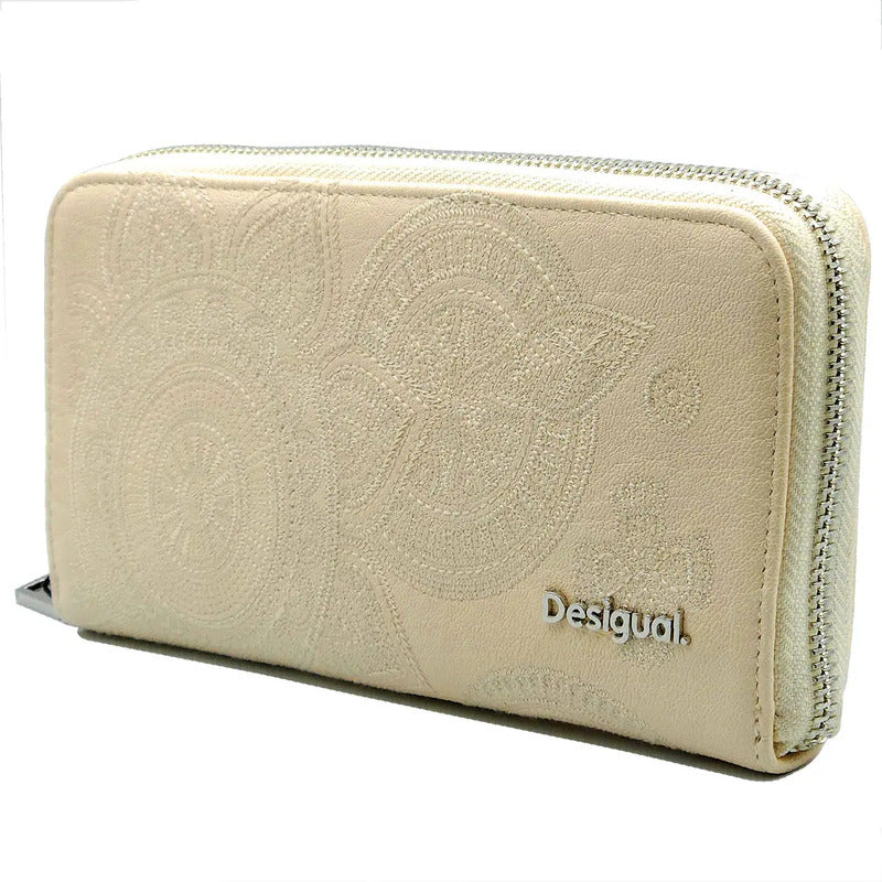 Cartera Para Dama Bordada Mod. 25sapy Marca Desigual® Color Beige Diseño De La Tela Floreado
