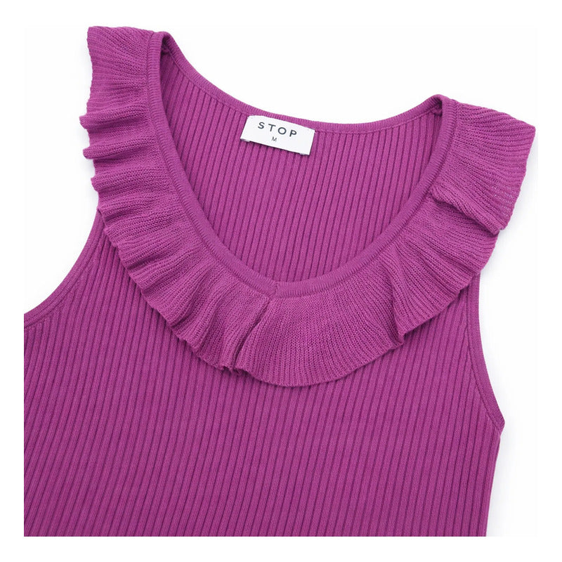 Blusa Sin Mangas Con Olan Para Dama Mod.27335 Marca Stop® Violeta Rayas Ch