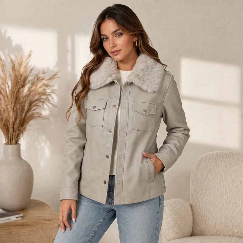 Chaqueta Casual Tipo Piel Para Dama M.shila-2502 Roosevelt® Gris Ch Lisa