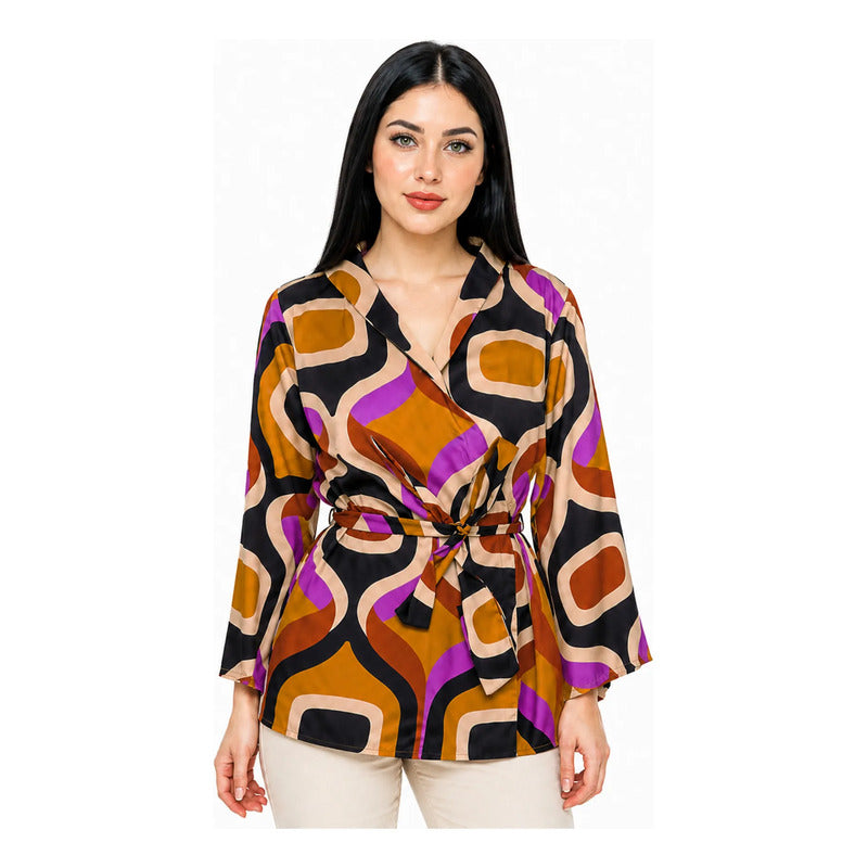 Blusa Estampado Retro Para Mujer Mod. T41100 Marca Bobois® Multicolor Retro G