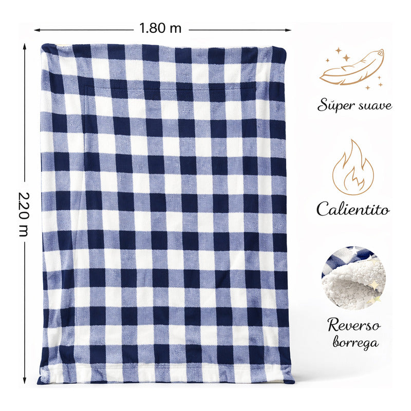 Cobertor Borrega Suave Matrimonial 180x220m Providencia® Cuadros 400 G Azul Marino