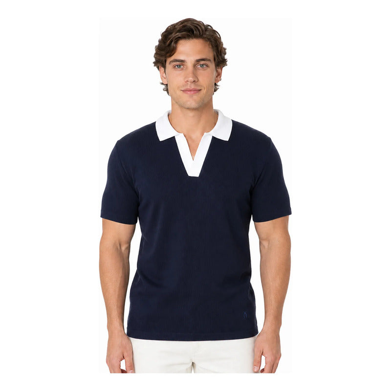 Playera Polo Semi Formal Para Hombre Mkhc0034 Makn & Co® Azul Oscuro M Texturizado