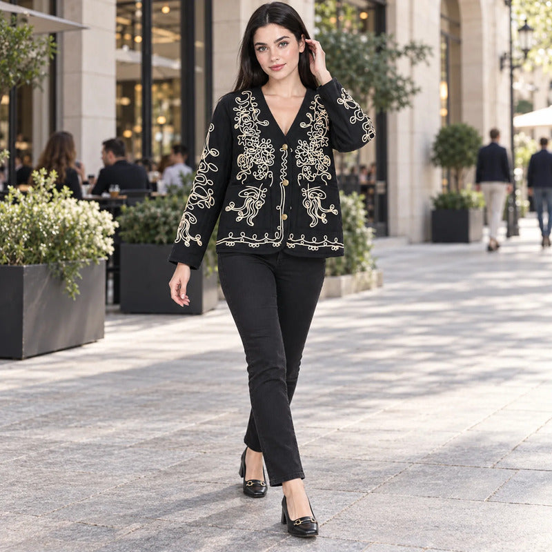 Chamarra Ligera Para Mujer Con Bordado Jx3225 Marca G8 Moda® Negro G/eg Boho