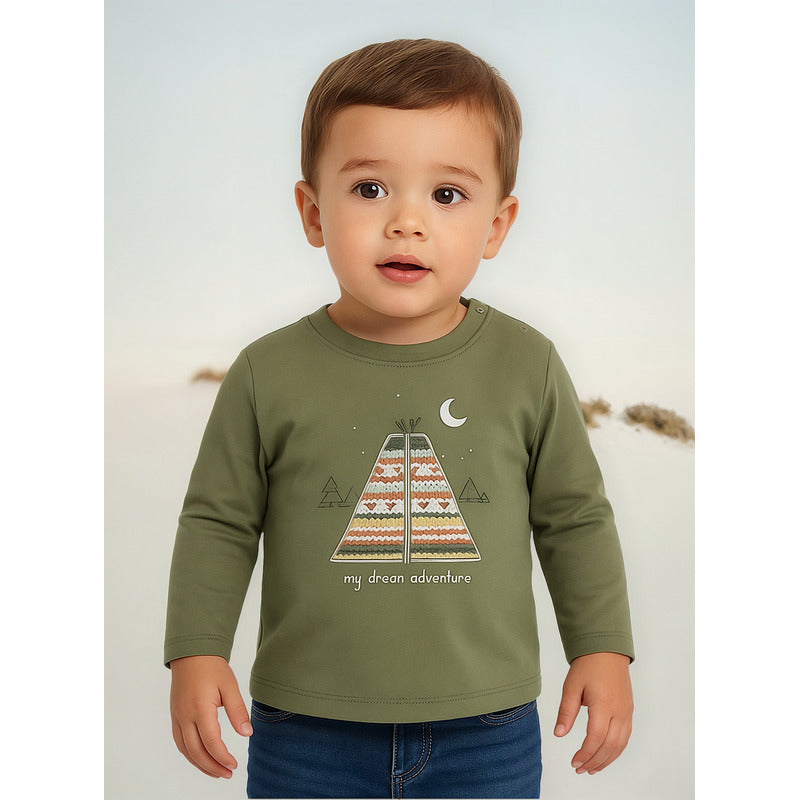 Playera Para Bebe Mod.2007 Marca Mayoral® Verde Musgo Animales Del Bosque 36 Meses Estampa Localizada