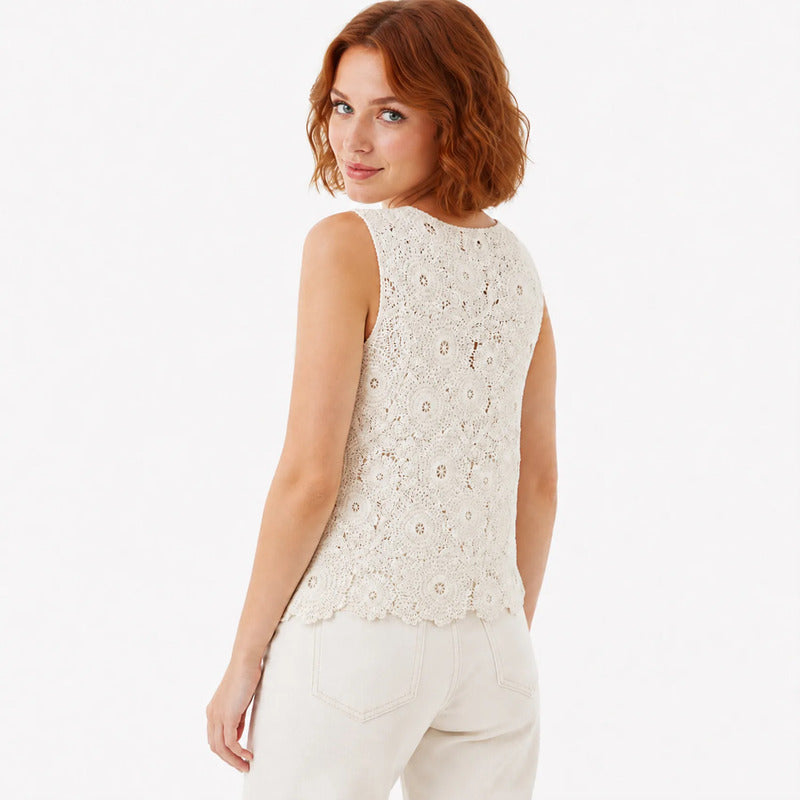Blusa Tipo Crochet Para Mujer Mod. Bt00818 Marca Ferriano® Ivory Geométrico Ch