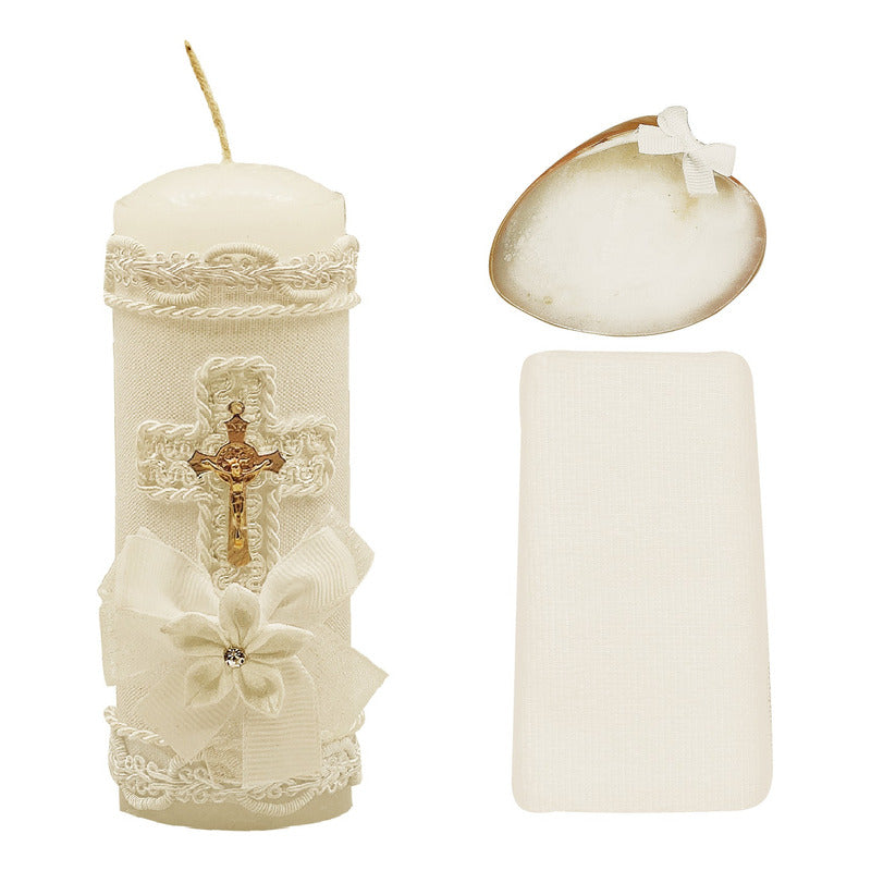 Set Para Bautizo Vela+concha+toalla+caja De Madera