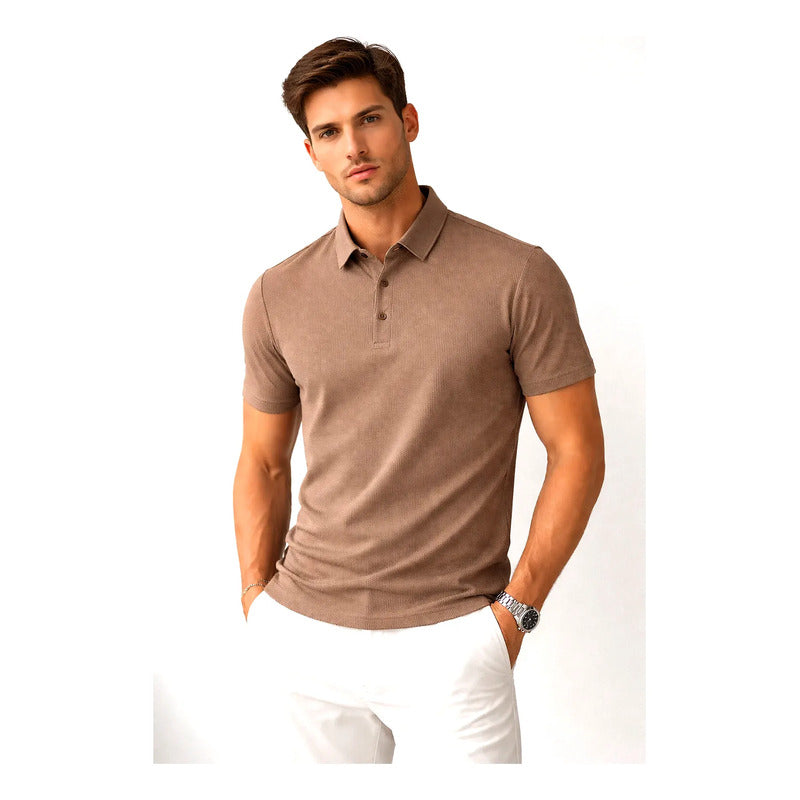 Playera Polo Para Hombre Piqué Stretch Transpirable Bobois® Camello M Cuadriculado
