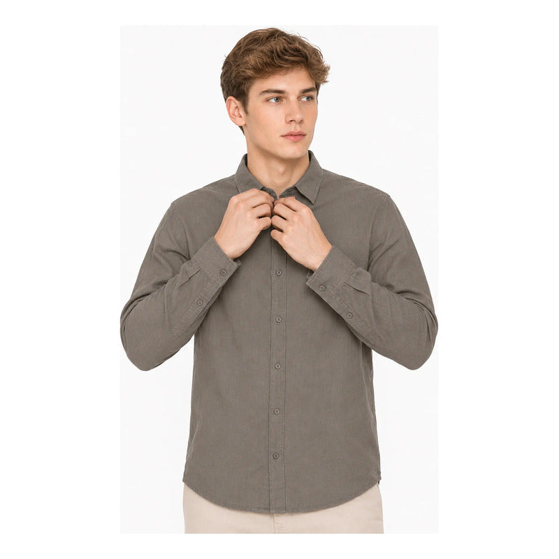 Camisa Lino Regular Fit Para Hombre Mod. Le2601 Roosevelt® Gris Oscuro Lisa M