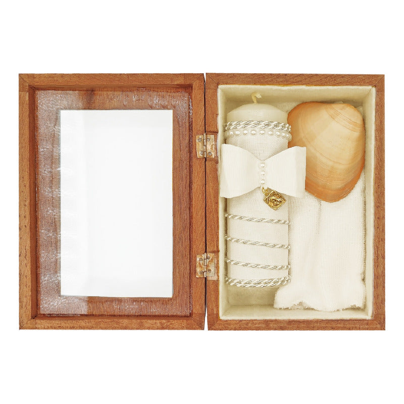 Set Para Bautizo Vela+concha+toalla+caja De Madera