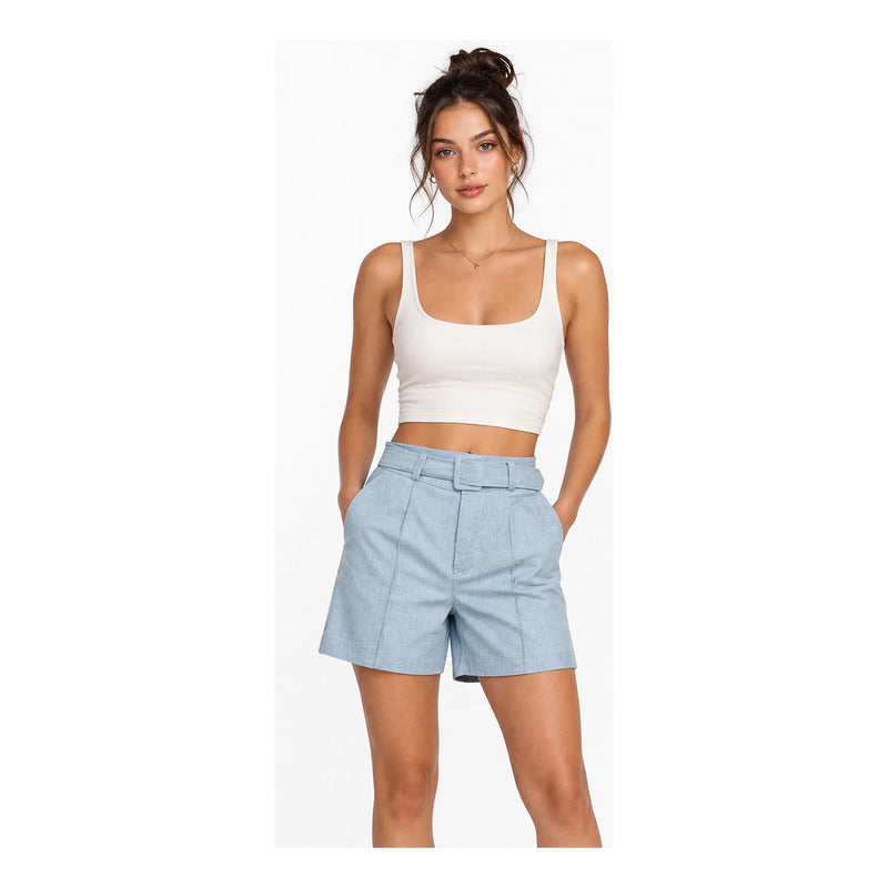 Short Casual Con Cinto Para Mujer Mod.4203 Marca Exotica® Azul Claro Lisa Ch