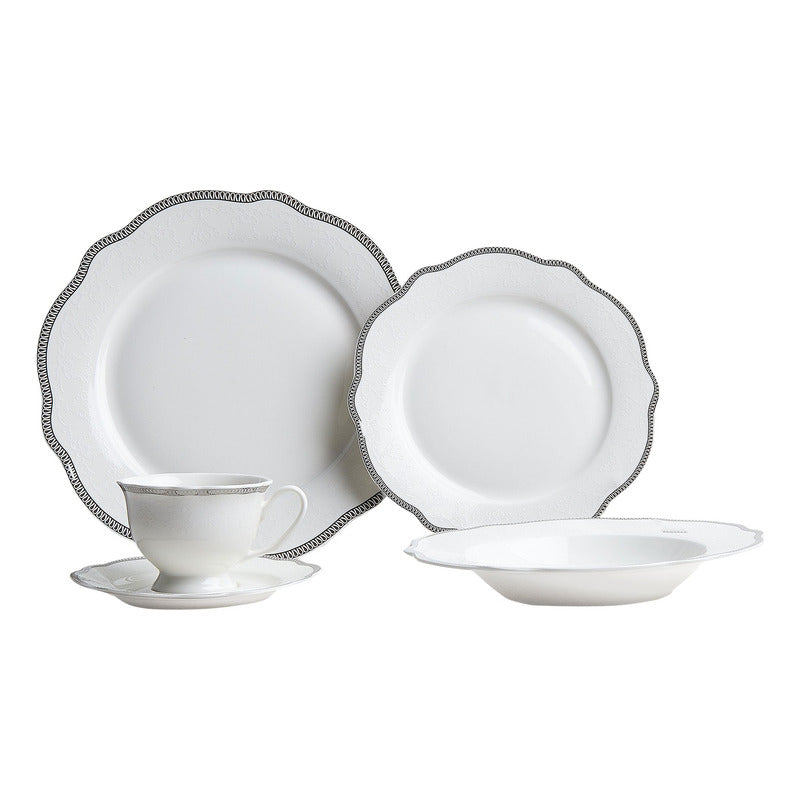 Vajilla De Porcelana Con Filo Platino 20pz Marca Kaiser® Blanco Filo Platino