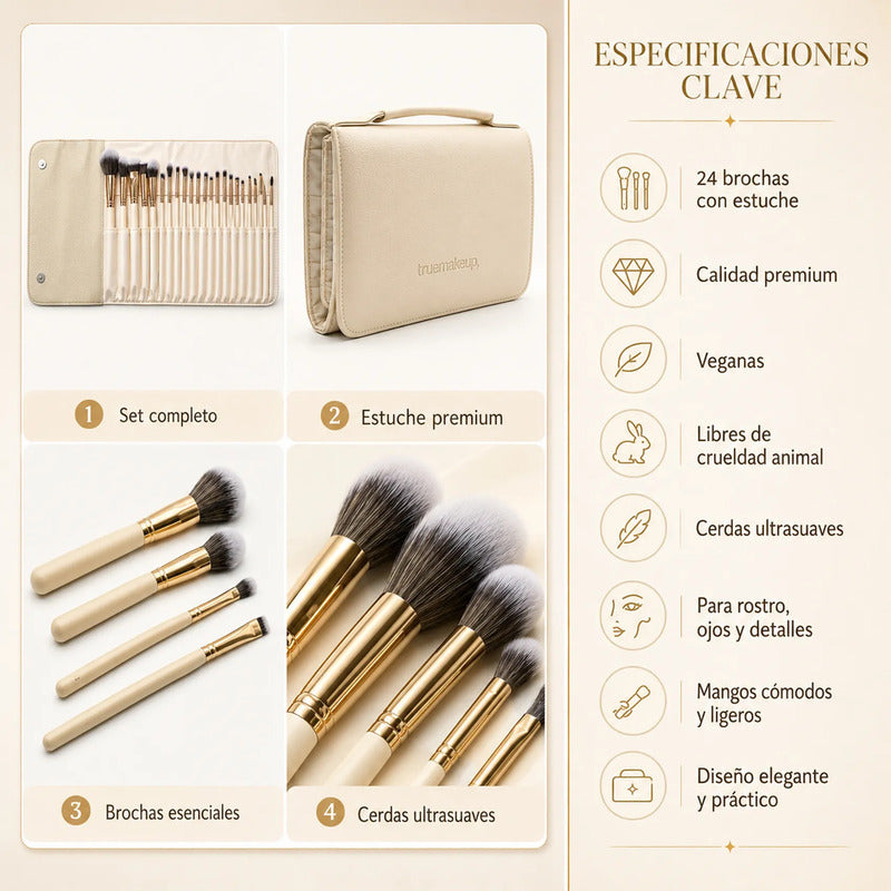 Set De Brochas 24pz Con Estuche Para Viaje True Makeup® Beige