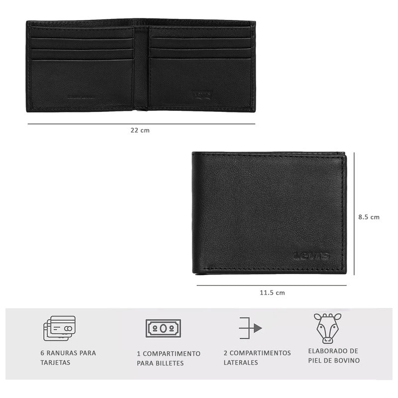 Billetera De Hombre Bifold Mod.87522-0090 Marca Levi's® Negro Liso