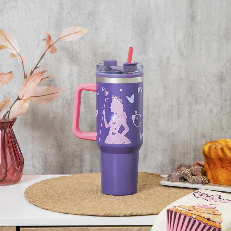 Termo Doble Pared Con Asa Y Popote 1.2 L Diseños Animados