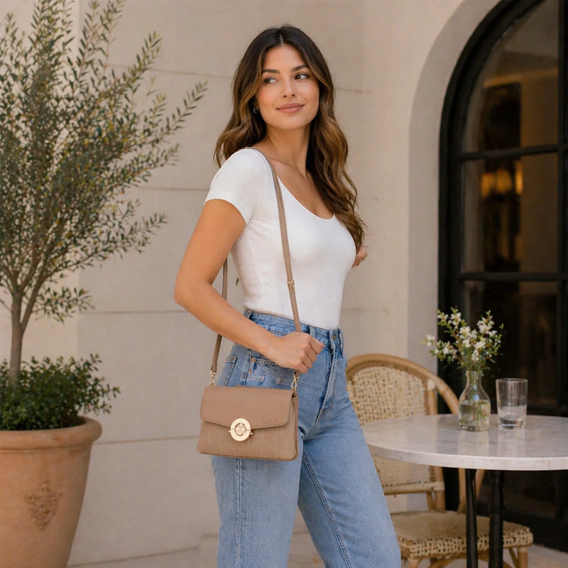 Bolso Crossbody Mod. 2432 Para Mujer Marca Jaime Ibiza® Taupe Lisa/rayas Oro Marrón Claro