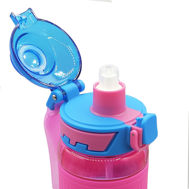 Botella Con Correa 1lt Con Popote Marca Nuvó® Sport Fucsia- Azul