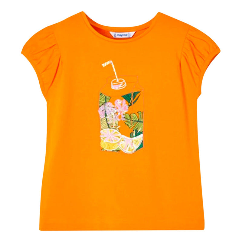 Playera Para Niña Mod. 3047 Marca Mayoral® Naranja Claro Frutas 6 Estampa Localizada