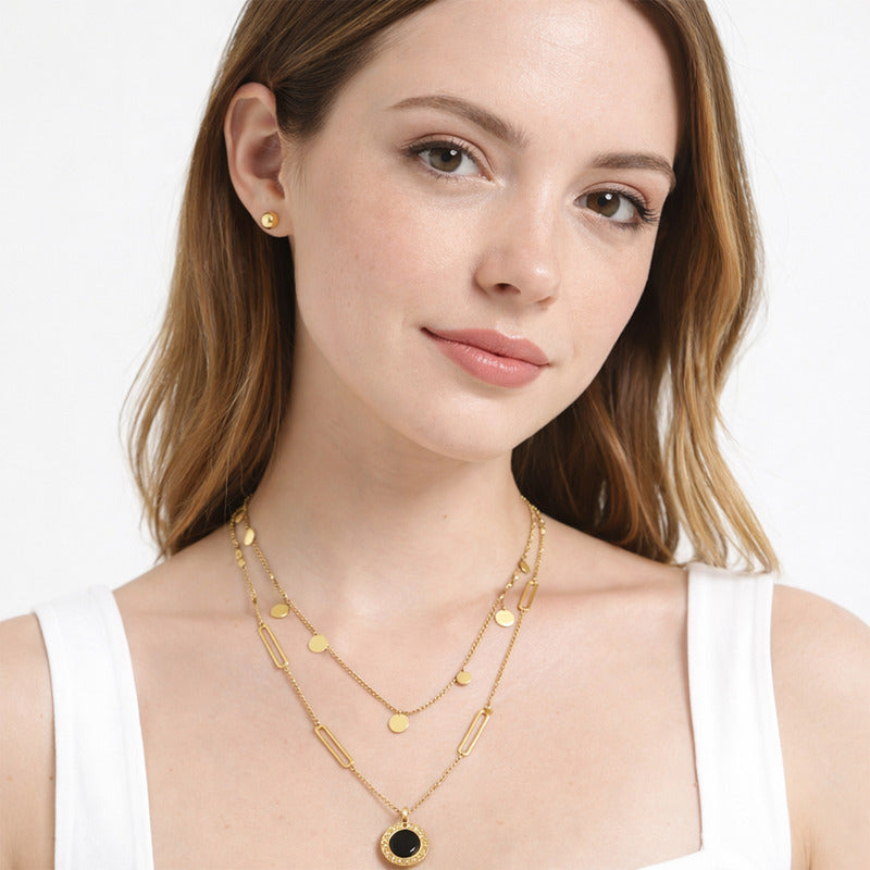Set Joyería Elegante Collar Y Aretes Layering Con Colgante Dorado