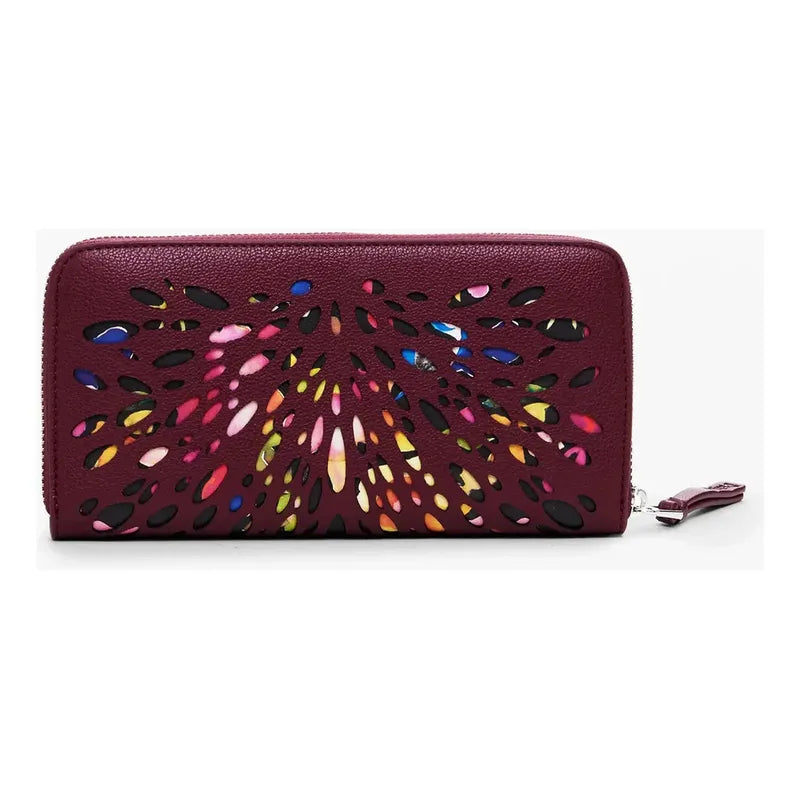 Cartera Para Dama Bordada Mod. 25sapy Marca Desigual® Color Vino Diseño De La Tela Troquelada