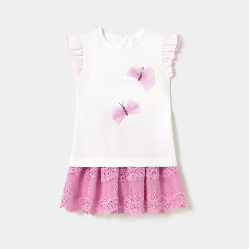 Conjunto Falda Tul + Playera Para Bebé Marca Mayoral® Blanco-lavanda 9-12 M