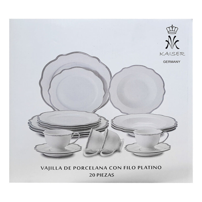 Vajilla De Porcelana Con Filo Platino 20pz Marca Kaiser® Blanco Filo Platino