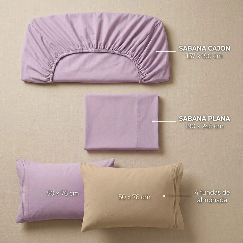 Juego De Sabanas Matrimonial 6pz Tacto Algodón Ultra Suave Multicolor Lila