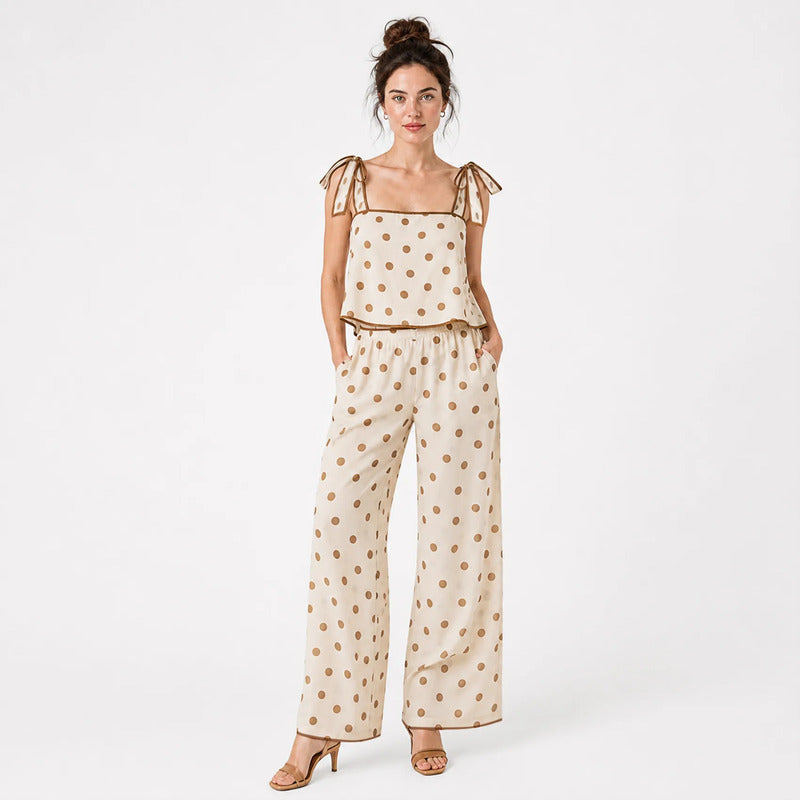 Conjunto Para Mujer Pantalón Palazzo+crop Top Marca Exotica® Beige Lunares M