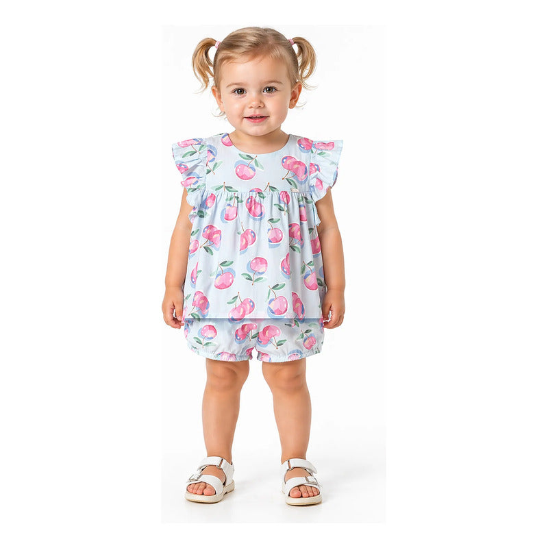 Conjunto De Niña Blusa+short Mod.1238 Marca Mayoral® Azul Frutos 3 Años