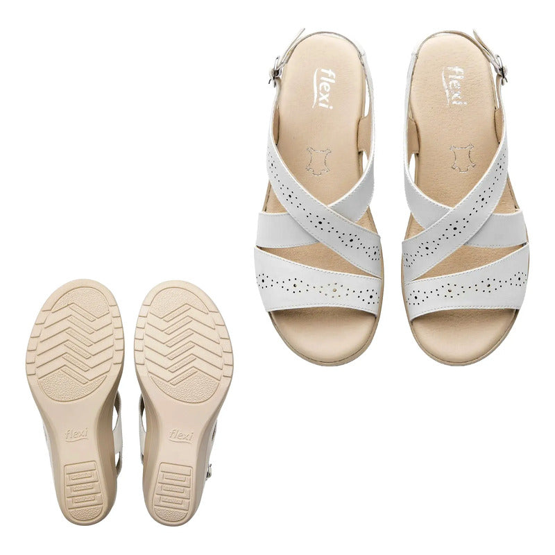 Sandalia Casual Cuña Baja Para Dama Mod.116024 Marca Flexi® Blanco Perforado 25 Mx