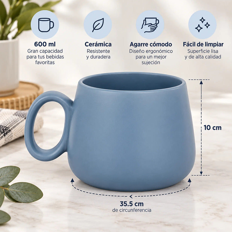 Taza Tarro De Cerámica 600ml Con Asa Diseño Minimalista Azul 2415-5676 Liso