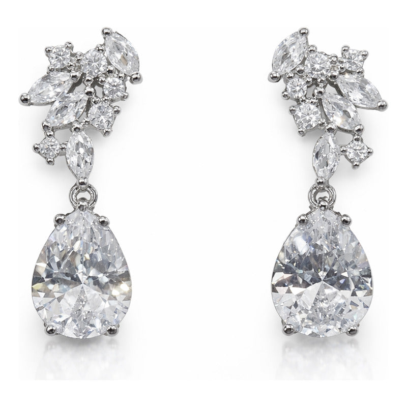 Aretes Elegantes Mujer Bisutería Fina Zirconias Corte Pera Plateado