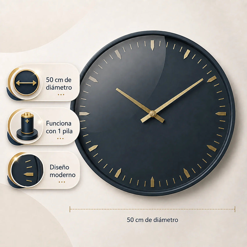 Reloj De Pared Para Interiores Moderno Decorativo 50cm Azul Oscuro