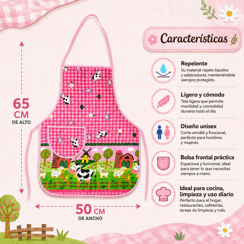 Mandil Delantal Ajustable Multiusos Repelente 65x50cm Rosa Granja