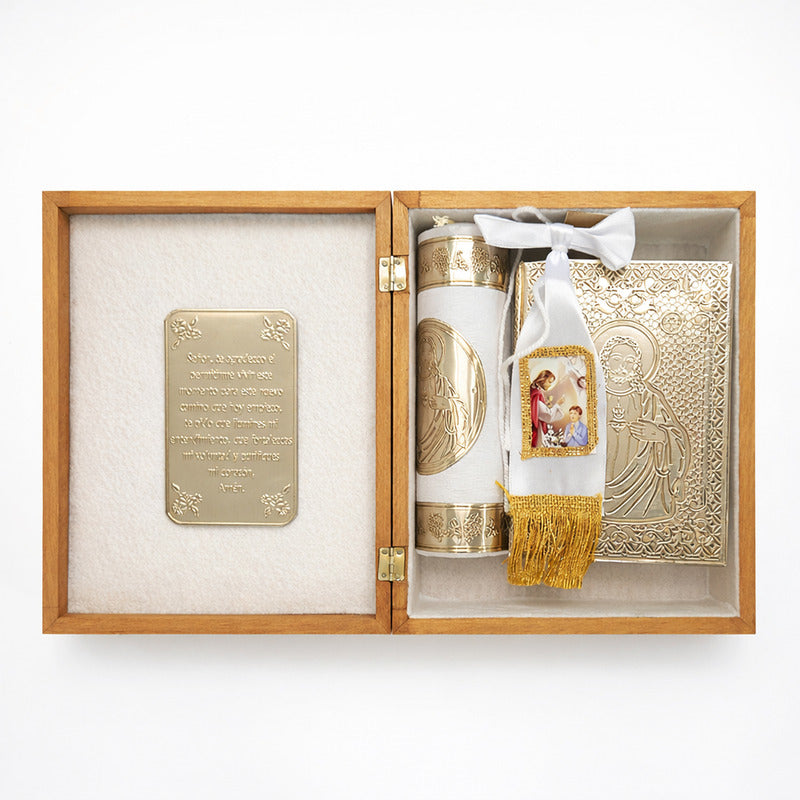Set De Comunión Vela+biblia+caja De Madera Diseño Religioso