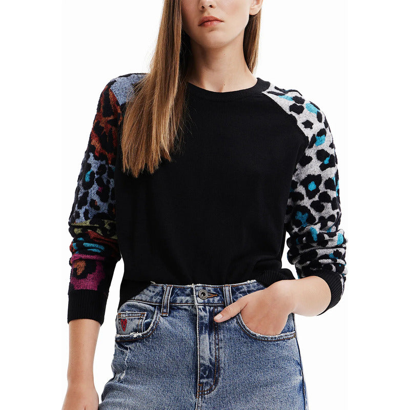 Suéter Manga Larga Para Mujer 22wwjf80/2000 Marca Desigual® Negro Animal Print L