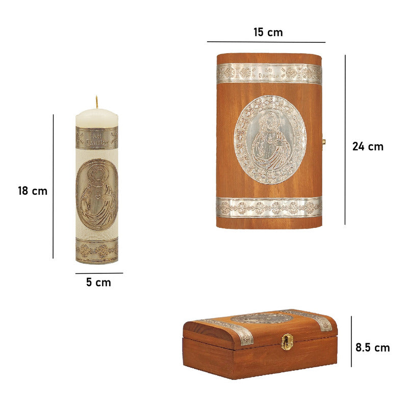 Set Para Bautizo Vela+concha+toalla+caja De Madera