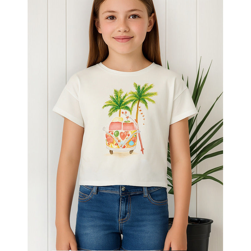 Playera Casual Para Niña Mod.6057 Marca Mayoral® Blanco Palmas 16 Estampa Localizada