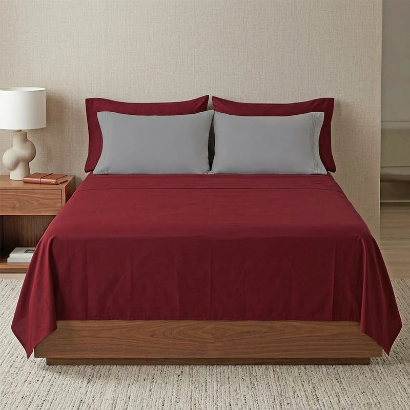 Juego De Sabanas Matrimonial 6pz Tacto Algodón Ultra Suave Multicolor Bordo