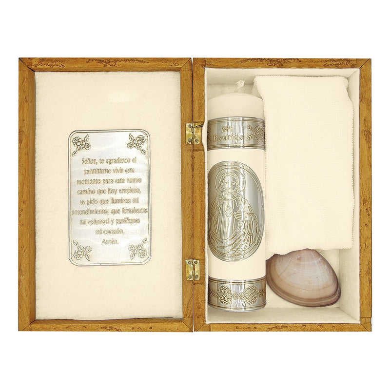 Set Para Bautizo Vela+concha+toalla+caja De Madera