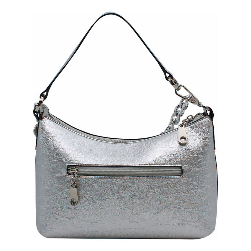 Bolsa De Hombro Para Mujer Mod.ji2486 Marca Jaime Ibiza® Plateado Arrugado