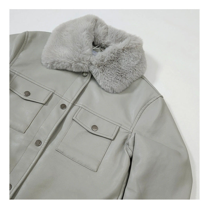 Chaqueta Casual Tipo Piel Para Dama M.shila-2502 Roosevelt® Gris Ch Lisa